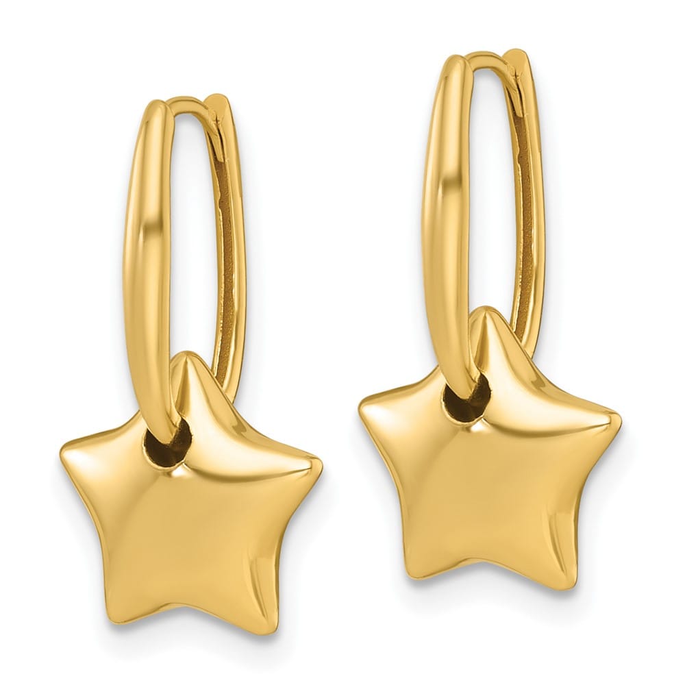14K Yellow Gold Polished Dangle Puffed Star Hinged Hoop Earrings, view 2 of 3