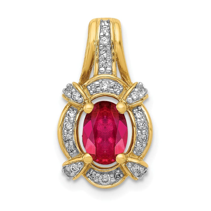 14K Yellow Gold Polished Diamond and 7x5mm Oval Ruby Vintage Pendant