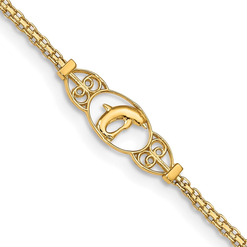 14K Yellow Gold Polished Dolphin and Filigree Bismark 10 Inch Anklet — solid 14K yellow gold, 10 inches long, 1.85 mm wide, lobster clasp, 2.42 g