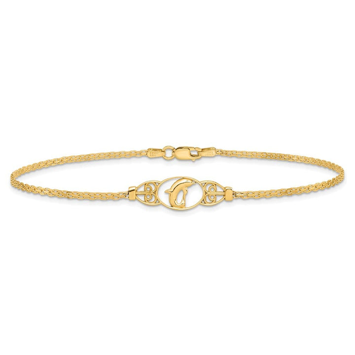 14K Yellow Gold Polished Dolphin and Filigree Bismark 10 Inch Anklet