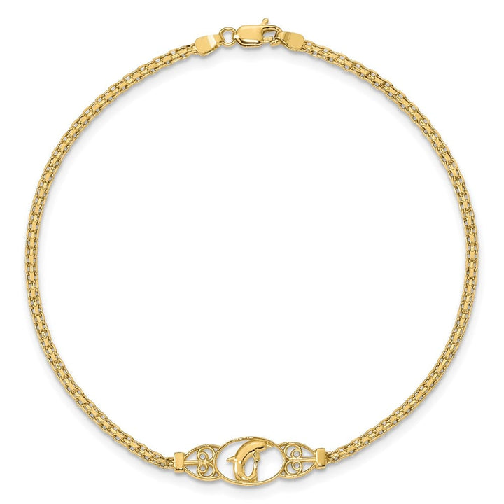 14K Yellow Gold Polished Dolphin and Filigree Bismark 9 Inch Anklet