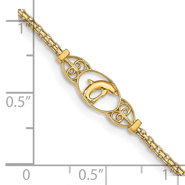 14K Yellow Gold Polished Dolphin and Filigree Bismark 9 Inch Anklet