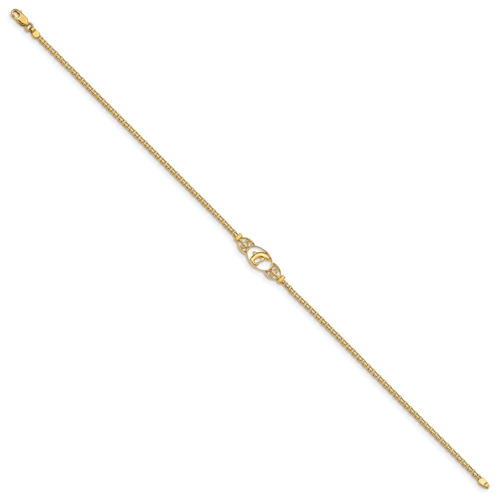 14K Yellow Gold Polished Dolphin and Filigree Bismark 9 Inch Anklet