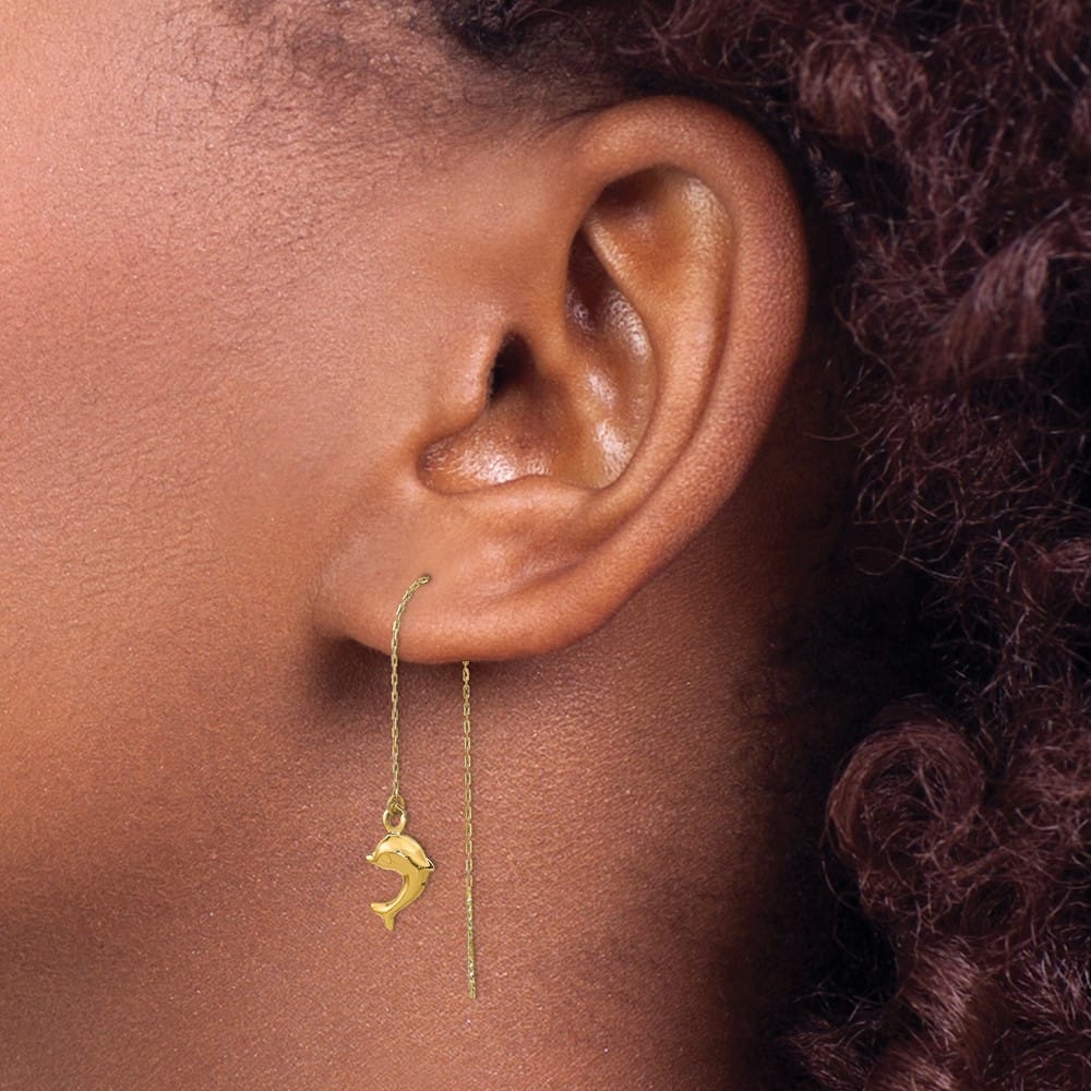 14K Yellow Gold Polished Dolphin Threader Earrings, view 3 of 4