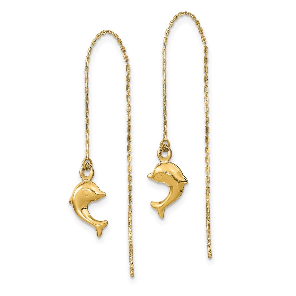 14K Yellow Gold Polished Dolphin Threader Earrings, view 2 of 4