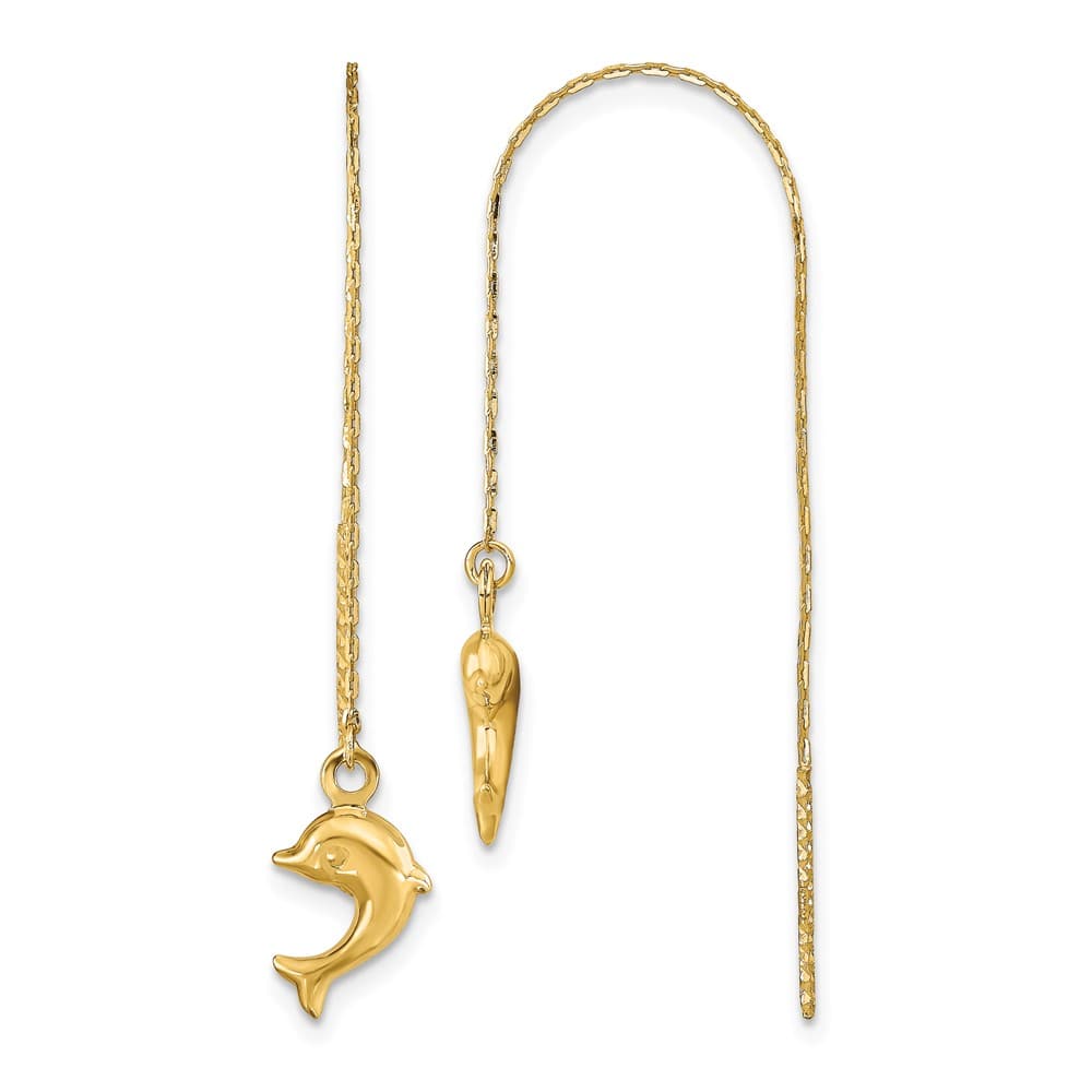 14K Yellow Gold Polished Dolphin Threader Earrings, view 1 of 4