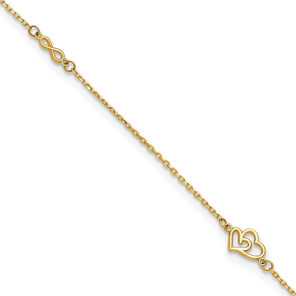 14K Yellow Gold Polished Double Hearts and Infinity Anklet — solid 14K yellow gold, 9 inches long, 1 inch extension, 0.8 mm wide, spring ring clasp, 1.28 g
