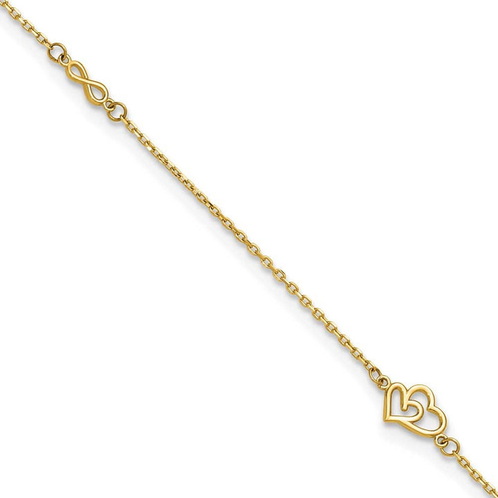 14K Yellow Gold Polished Double Hearts and Infinity Anklet — solid 14K yellow gold, 9 inches long, 1 inch extension, 0.8 mm wide, spring ring clasp, 1.28 g