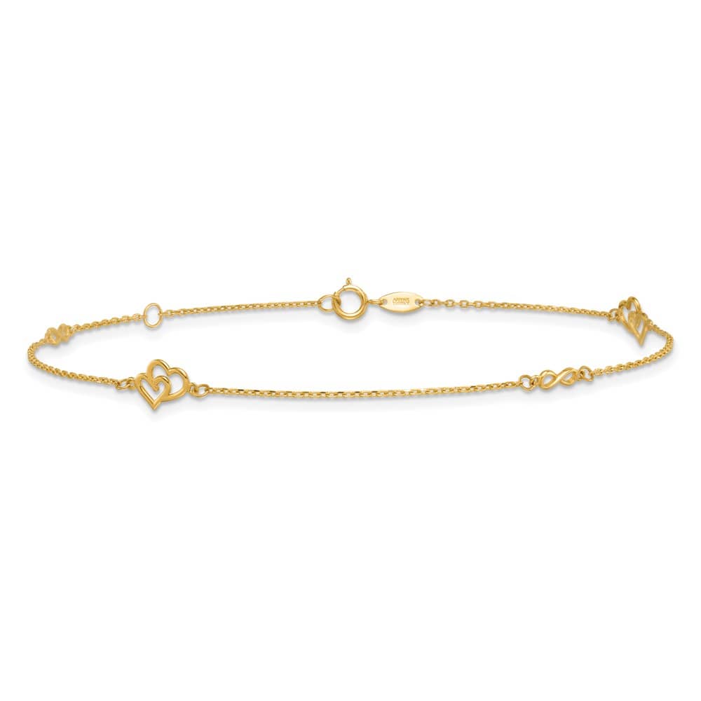 14K Yellow Gold Polished Double Hearts and Infinity Anklet