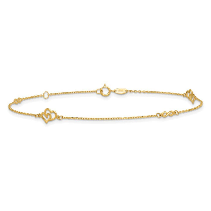 14K Yellow Gold Polished Double Hearts and Infinity Anklet