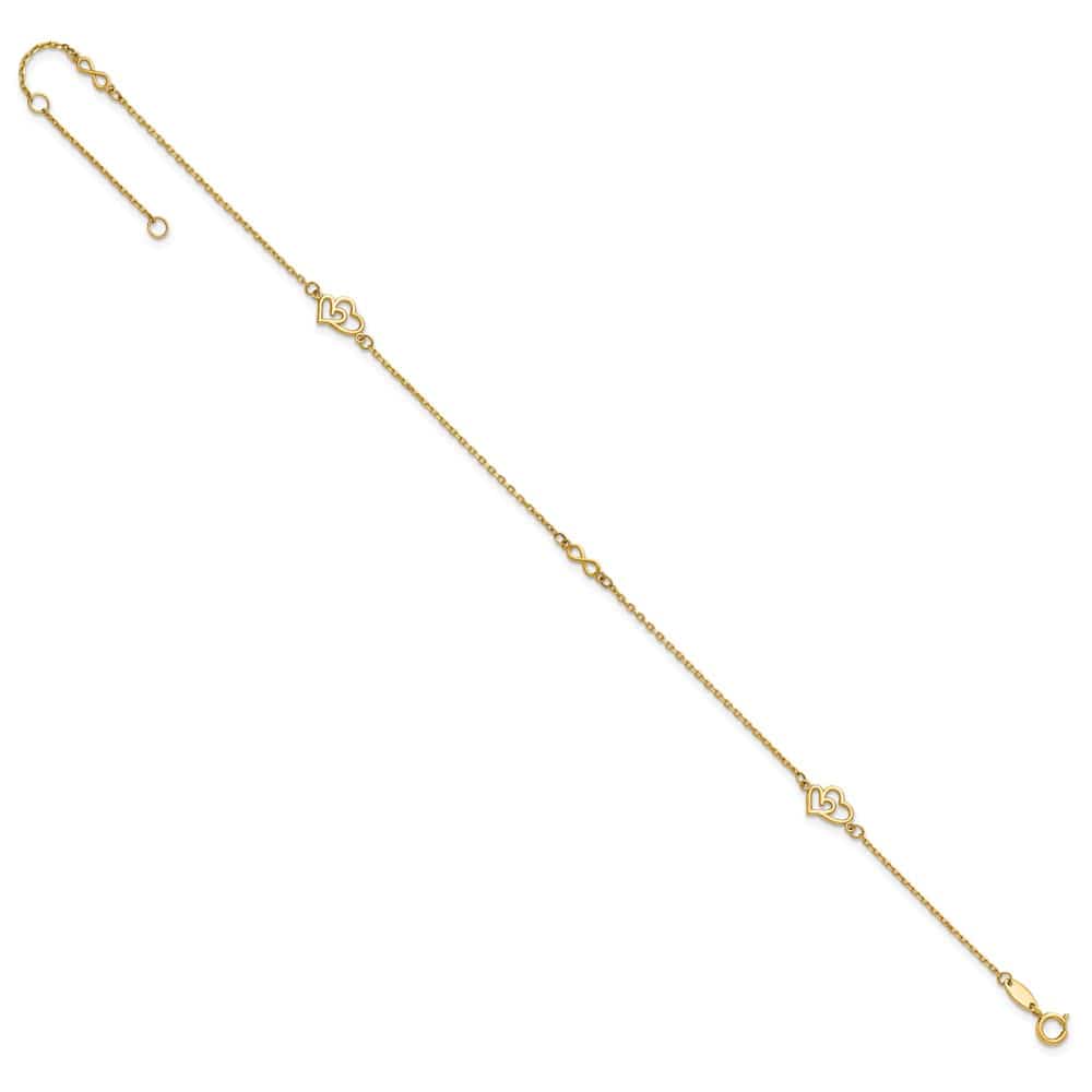 14K Yellow Gold Polished Double Hearts and Infinity Anklet