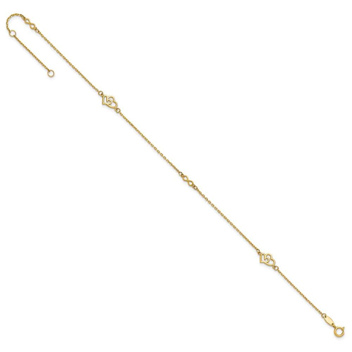 14K Yellow Gold Polished Double Hearts and Infinity Anklet