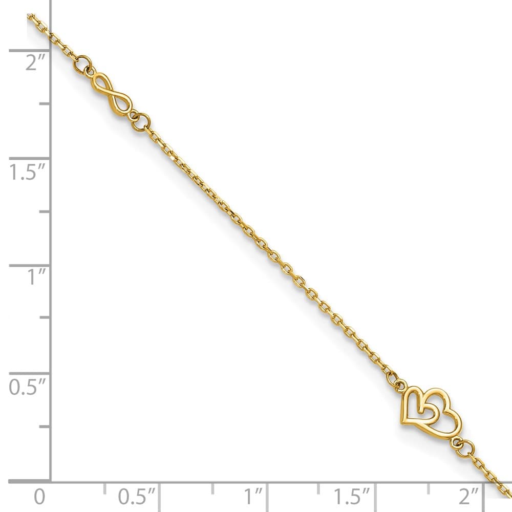 14K Yellow Gold Polished Double Hearts and Infinity Anklet
