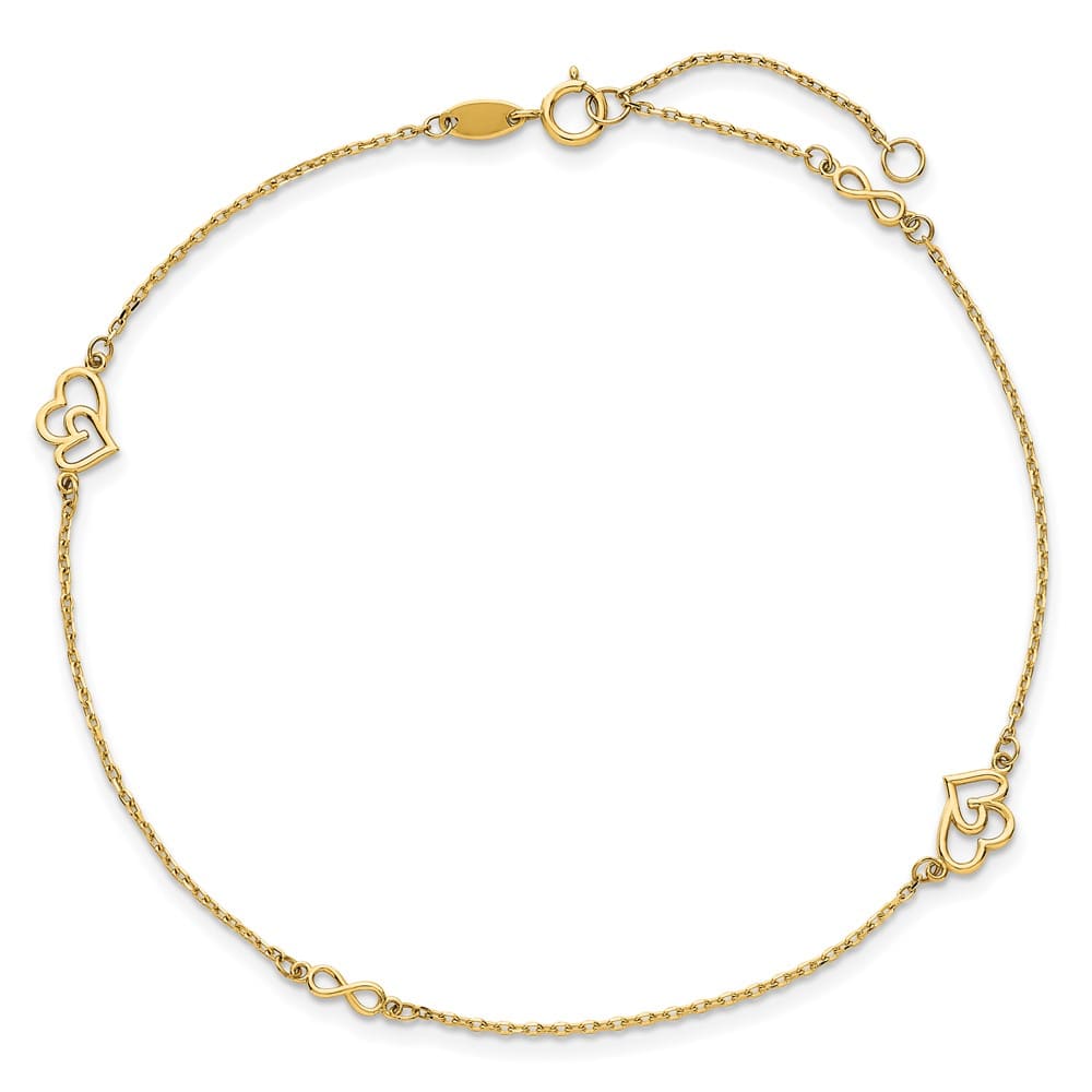 14K Yellow Gold Polished Double Hearts and Infinity Anklet