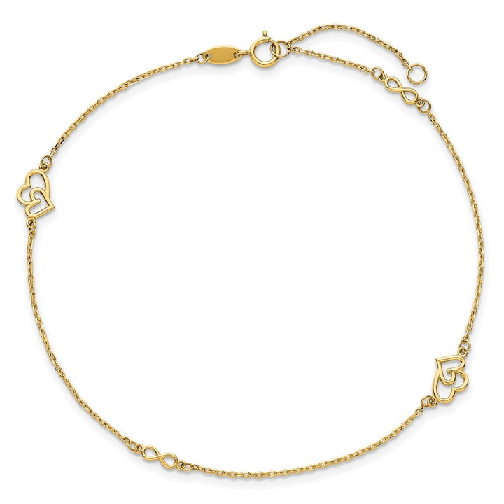14K Yellow Gold Polished Double Hearts and Infinity Anklet