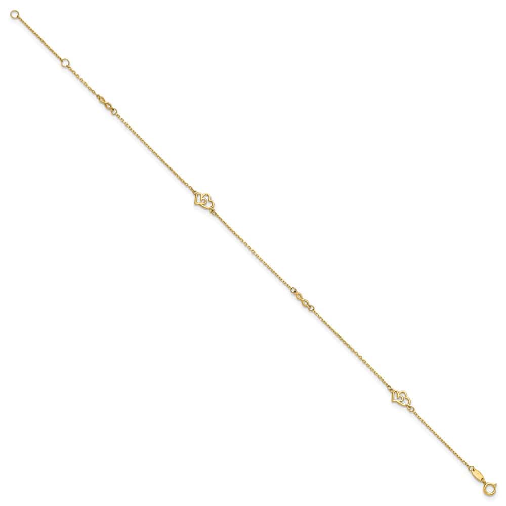 14K Yellow Gold Polished Double Hearts and Infinity Anklet