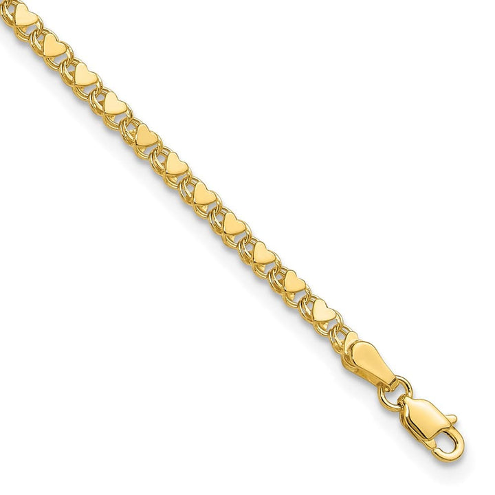 14K Yellow Gold Polished Double-Sided Hearts Double Link 9 Inch Anklet — solid 14K yellow gold, 9 inches long, 3 mm wide, lobster clasp, 3.73 g