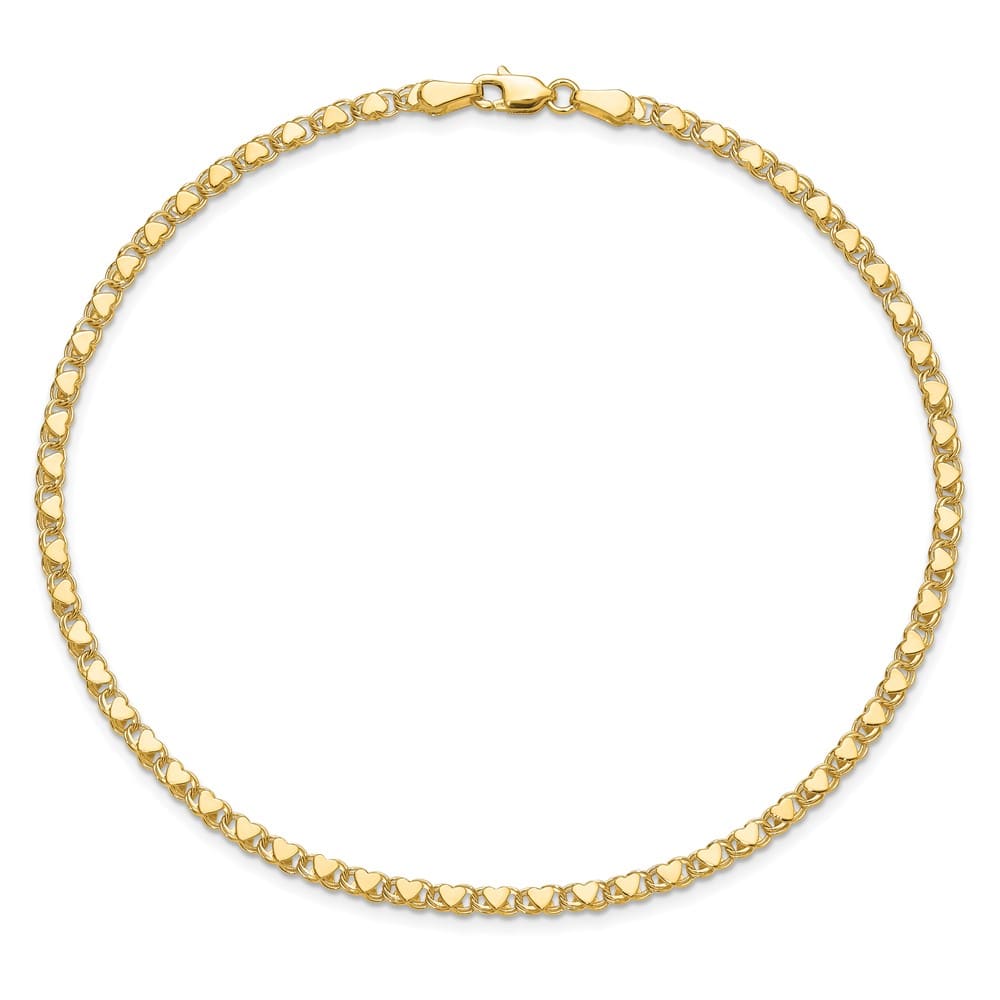 14K Yellow Gold Polished Double-Sided Hearts Double Link 9 Inch Anklet