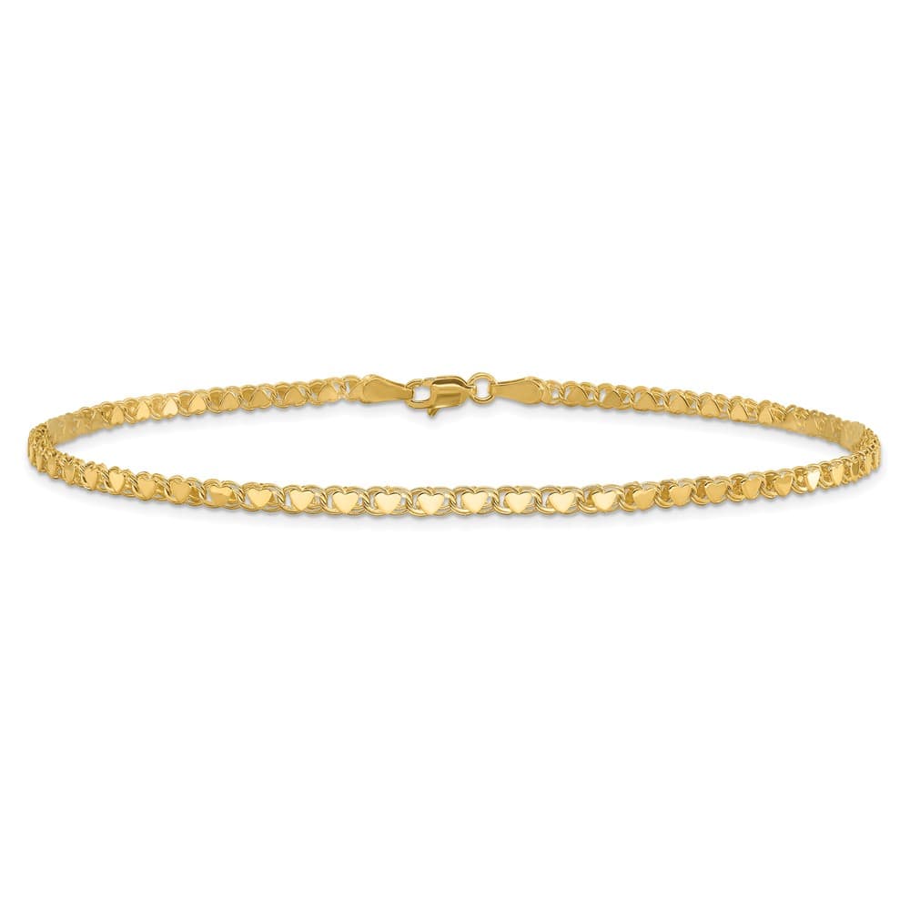 14K Yellow Gold Polished Double-Sided Hearts Double Link 9 Inch Anklet
