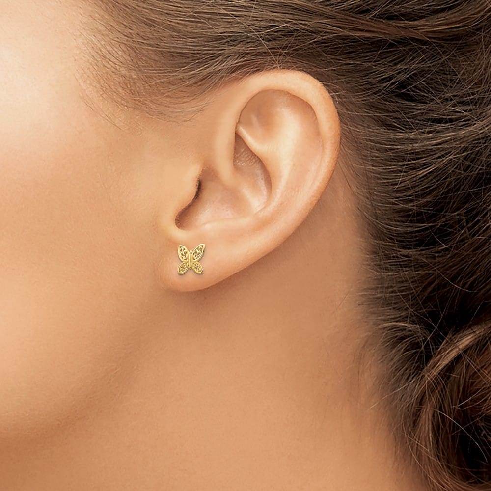 14K Yellow Gold Polished Filigree Butterfly Post Earrings, view 3 of 4