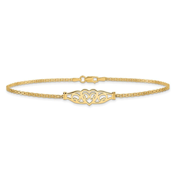 14K Yellow Gold Polished Filigree Heart and Bismark 10 Inch Anklet
