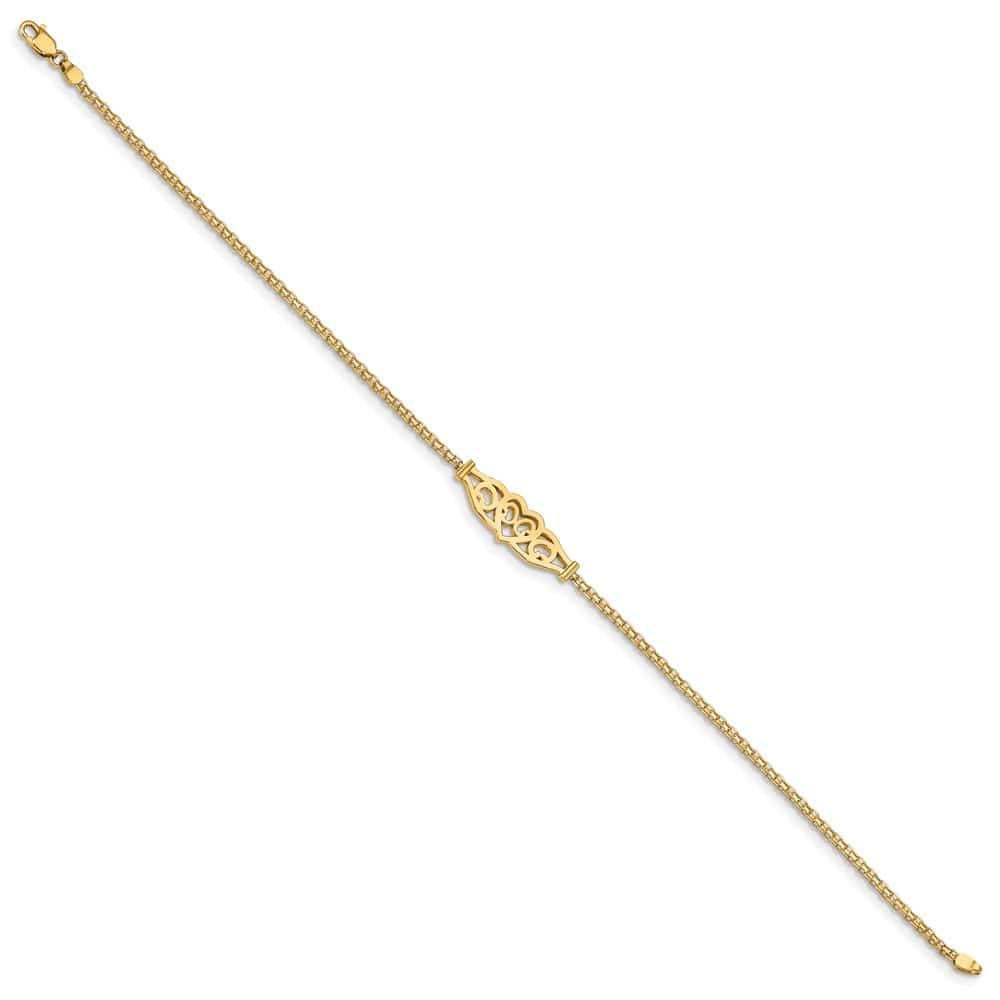 14K Yellow Gold Polished Filigree Heart and Bismark 10 Inch Anklet