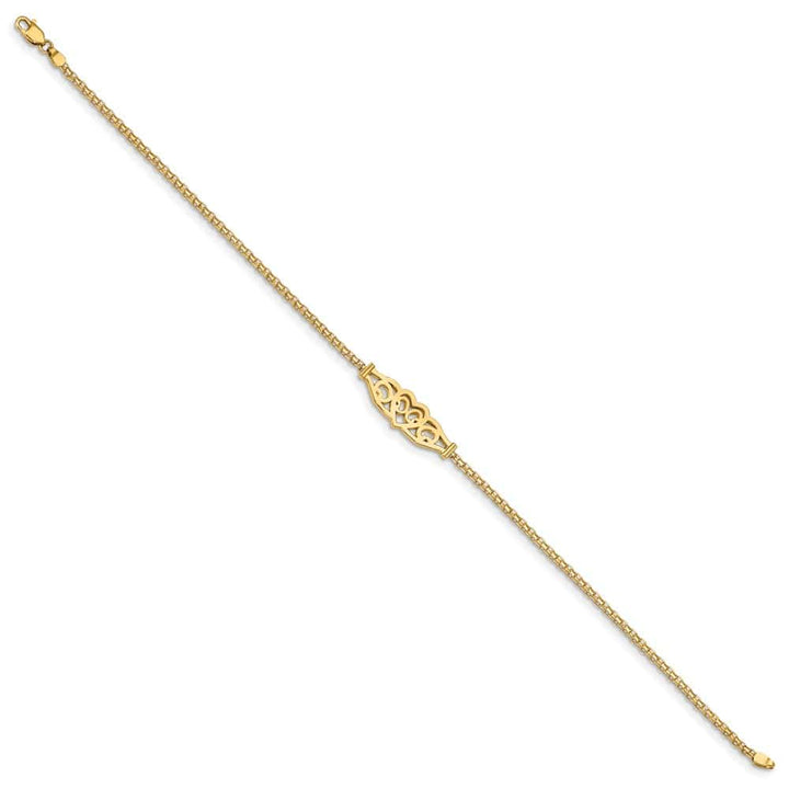 14K Yellow Gold Polished Filigree Heart and Bismark 10 Inch Anklet