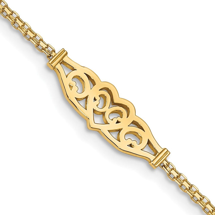 14K Yellow Gold Polished Filigree Heart and Bismark 9 Inch Anklet — solid 14K yellow gold, 9 inches long, 2 mm wide, lobster clasp, 2.92 g