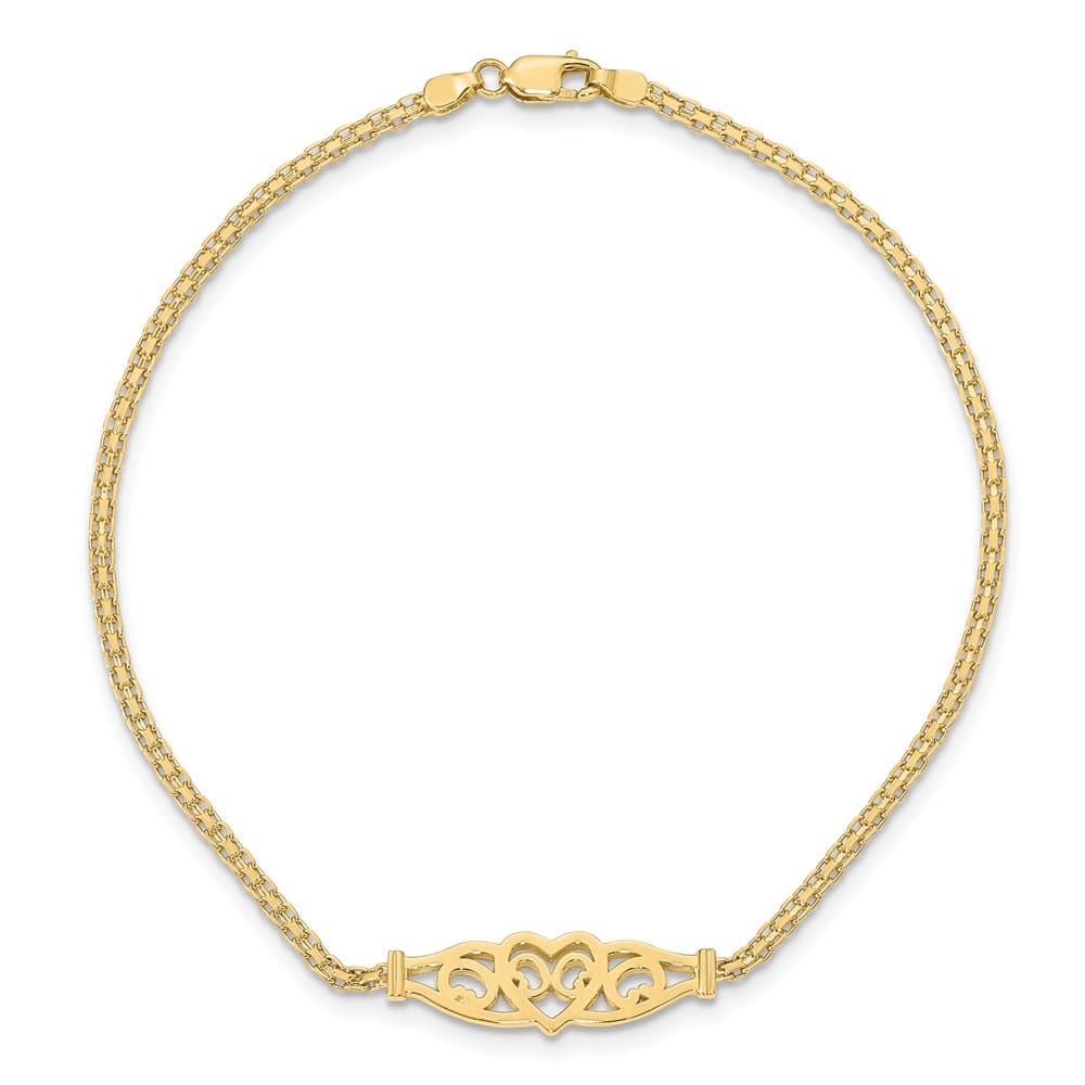 14K Yellow Gold Polished Filigree Heart and Bismark 9 Inch Anklet