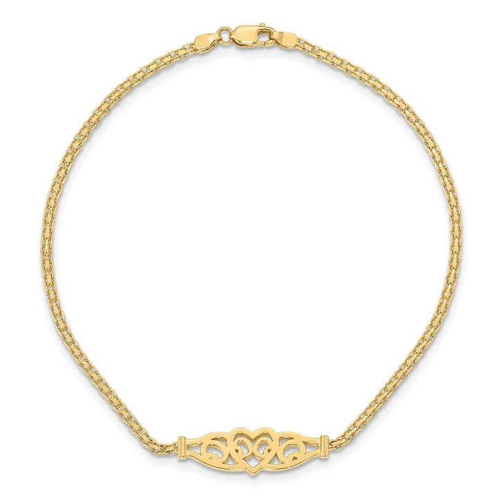 14K Yellow Gold Polished Filigree Heart and Bismark 9 Inch Anklet