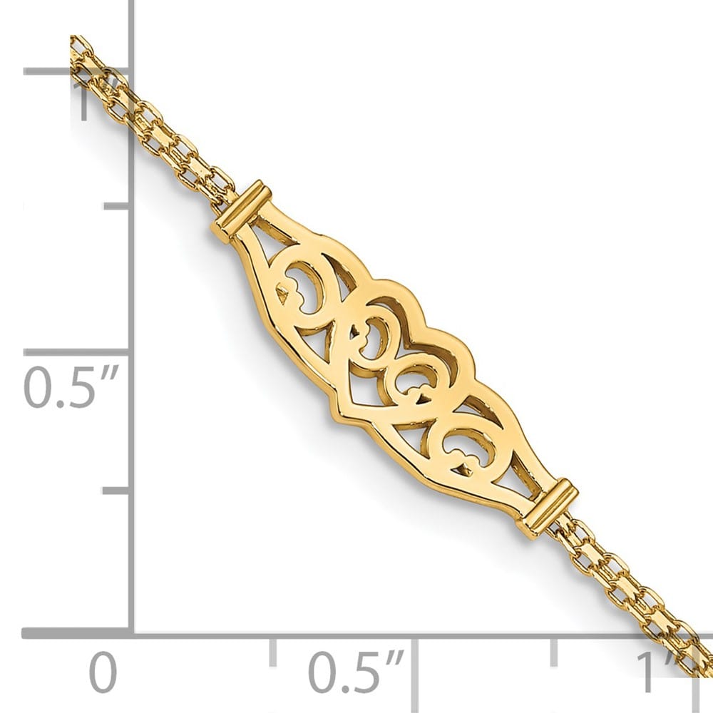 14K Yellow Gold Polished Filigree Heart and Bismark 9 Inch Anklet