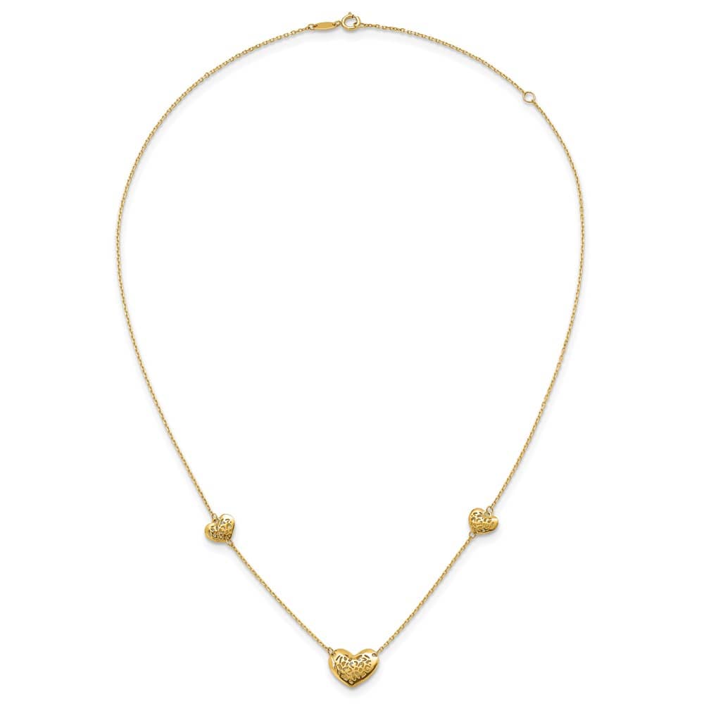 14K Yellow Gold Polished Filigree Puffed Heart 18 inch Necklace