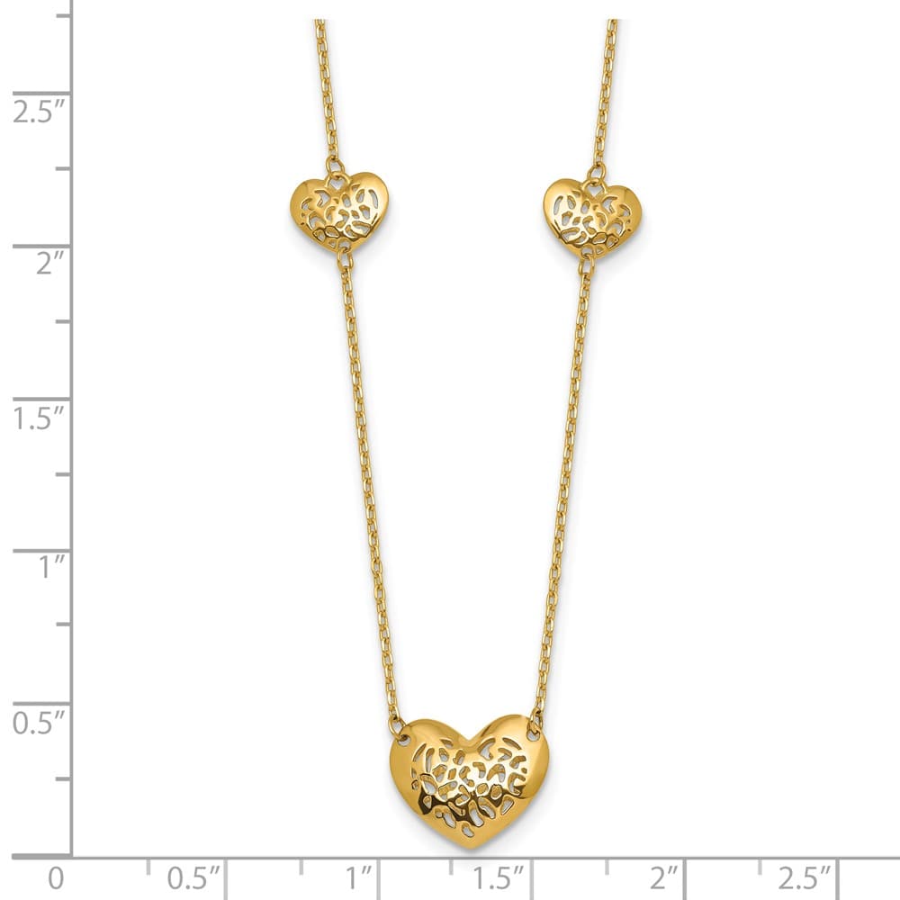 14K Yellow Gold Polished Filigree Puffed Heart 18 inch Necklace