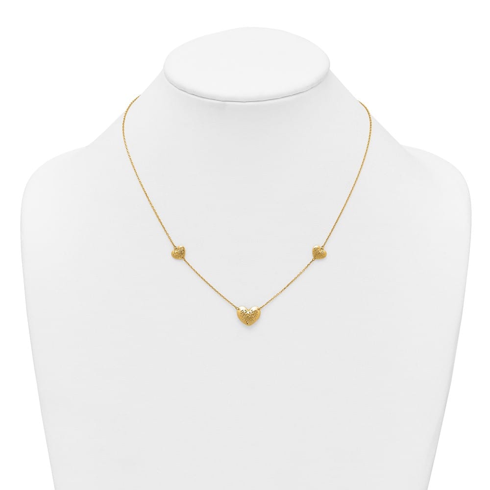 14K Yellow Gold Polished Filigree Puffed Heart 18 inch Necklace