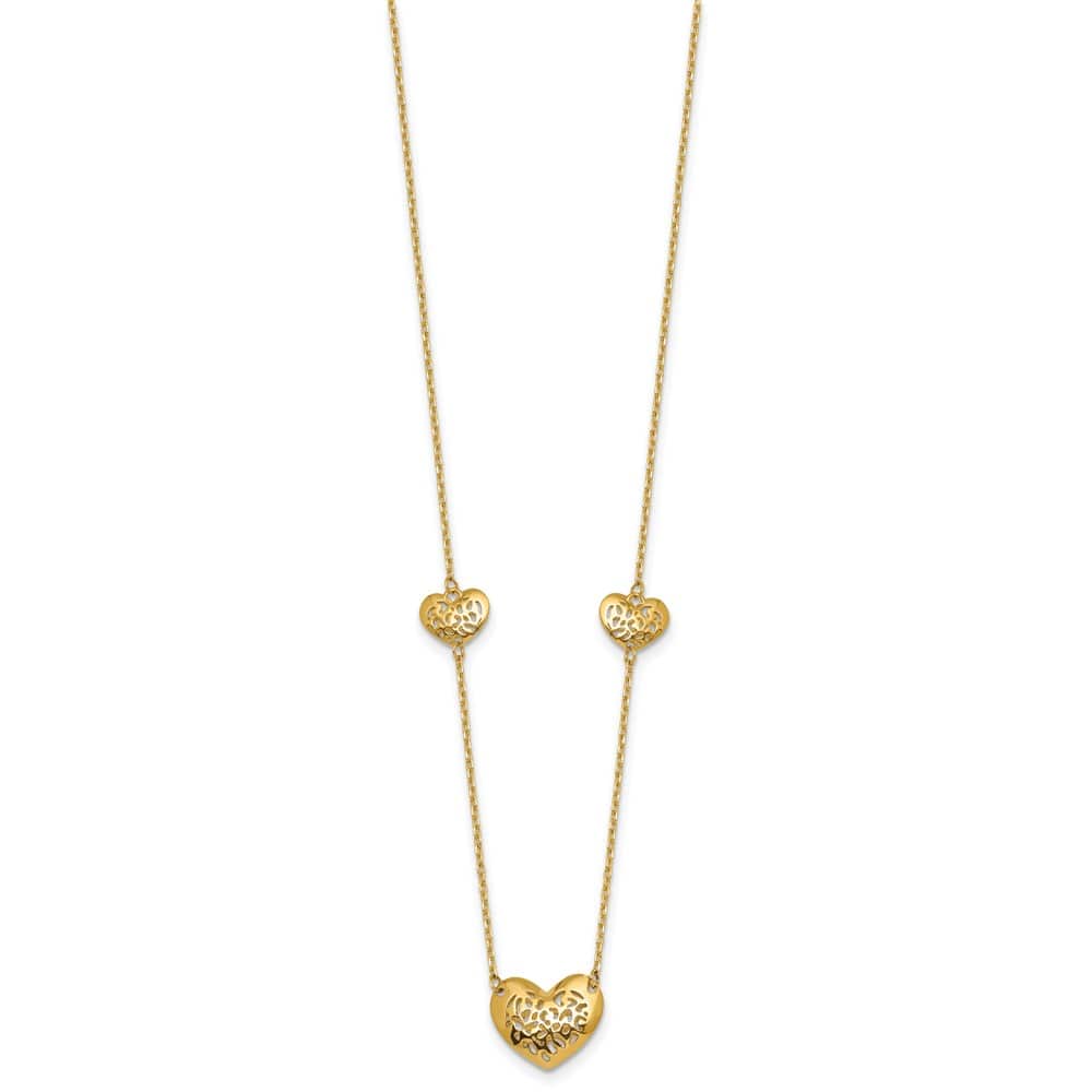 14K Yellow Gold Polished Filigree Puffed Heart 18 inch Necklace