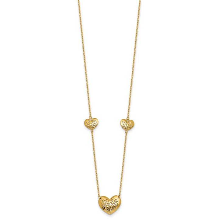 14K Yellow Gold Polished Filigree Puffed Heart 18 inch Necklace