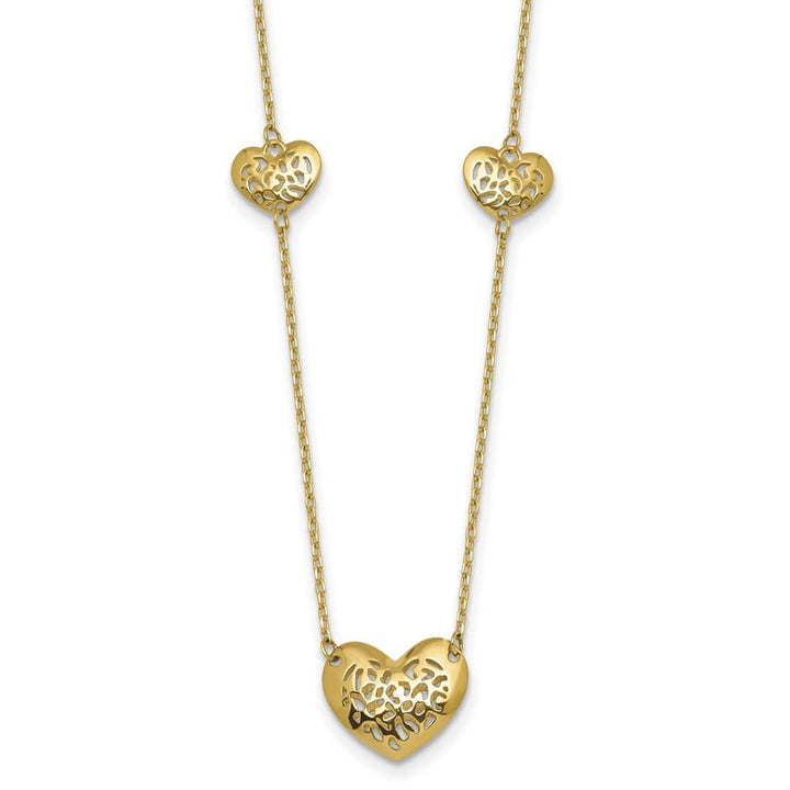 14K Yellow Gold Polished Filigree Puffed Heart 18 inch Necklace