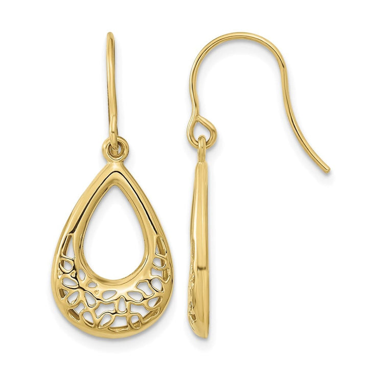 14K Yellow Gold Polished Filigree Teardrop Dangle French Hook Earrings, view 1 of 4