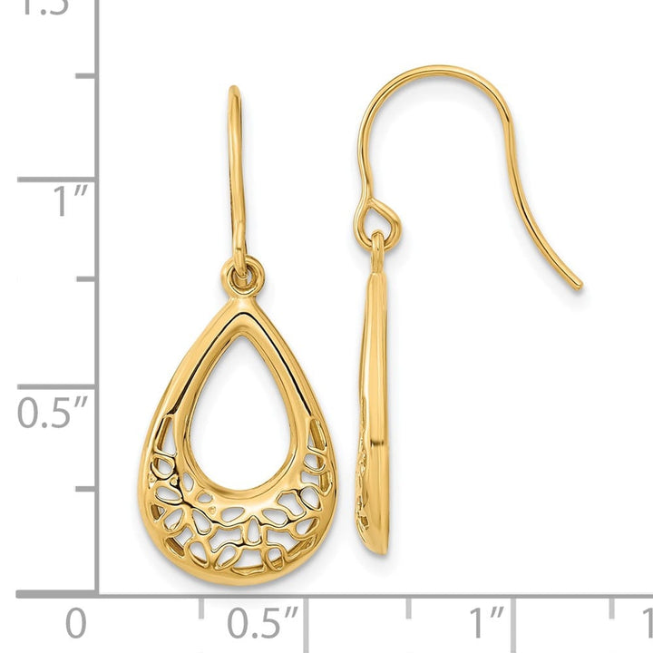 14K Yellow Gold Polished Filigree Teardrop Dangle French Hook Earrings, view 4 of 4
