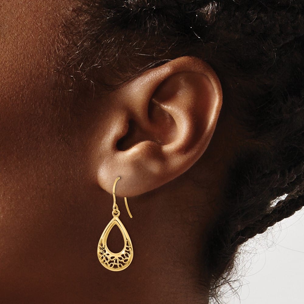14K Yellow Gold Polished Filigree Teardrop Dangle French Hook Earrings, view 3 of 4