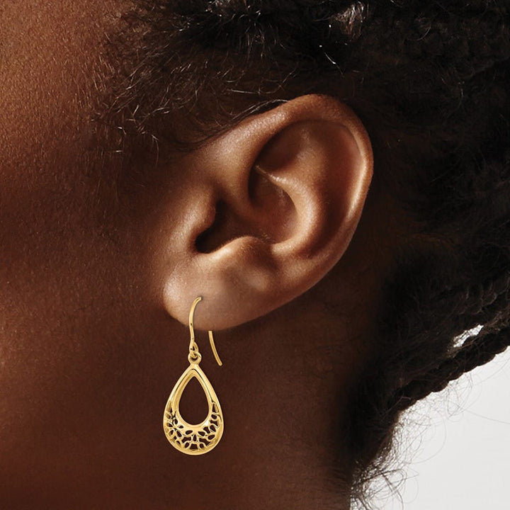14K Yellow Gold Polished Filigree Teardrop Dangle French Hook Earrings, view 3 of 4
