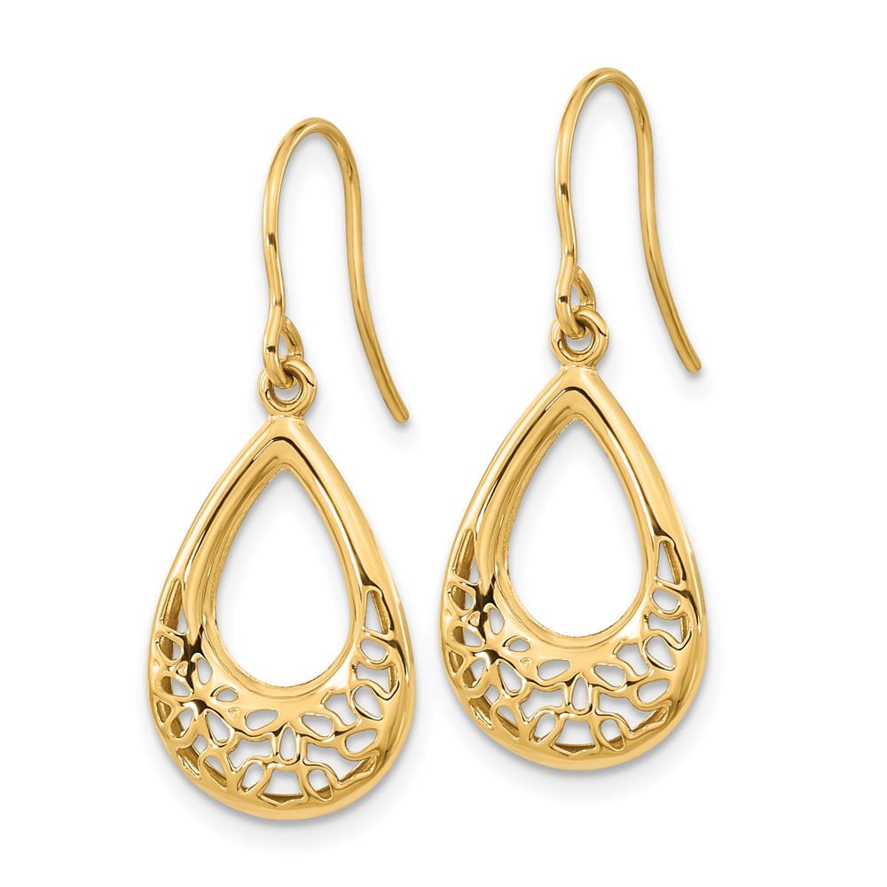 14K Yellow Gold Polished Filigree Teardrop Dangle French Hook Earrings, view 2 of 4