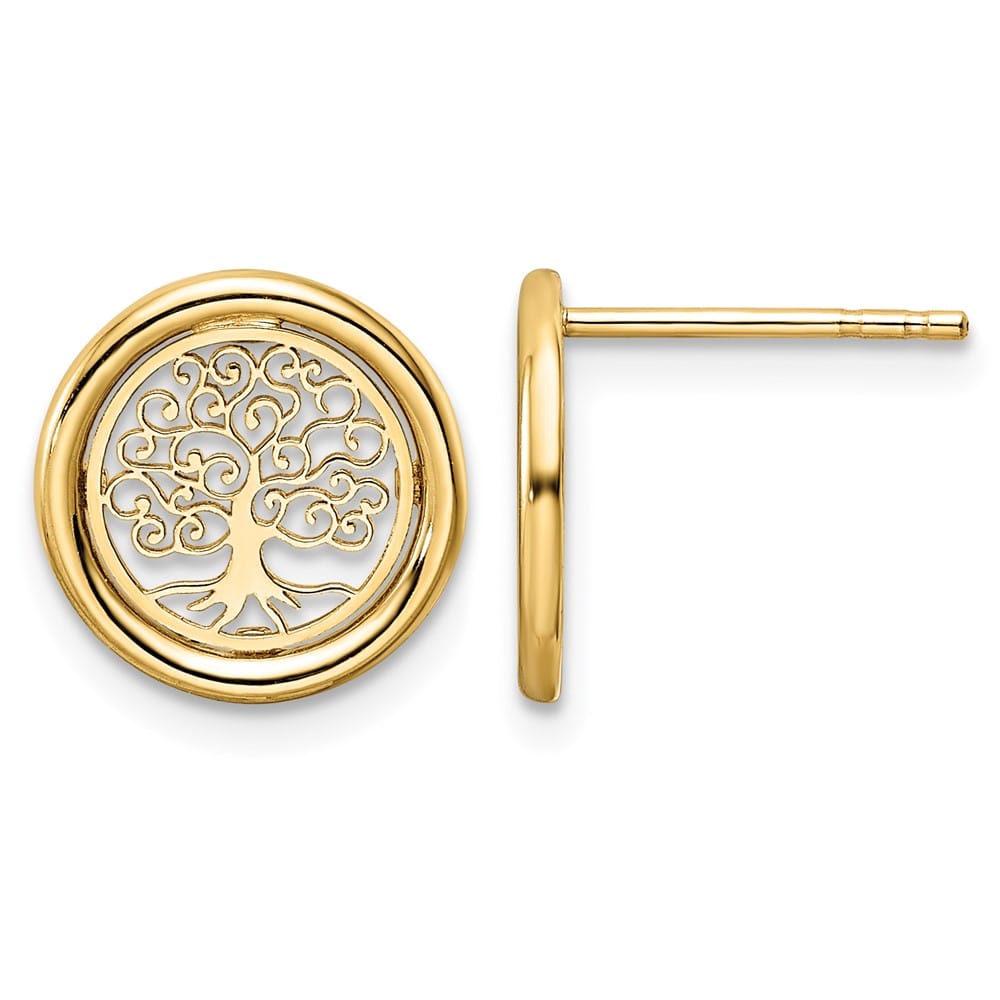 14K Yellow Gold Polished Filigree Tree of Life in Circle Post Earrings, view 1 of 4