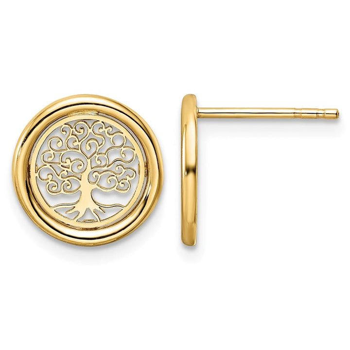 14K Yellow Gold Polished Filigree Tree of Life in Circle Post Earrings, view 1 of 4