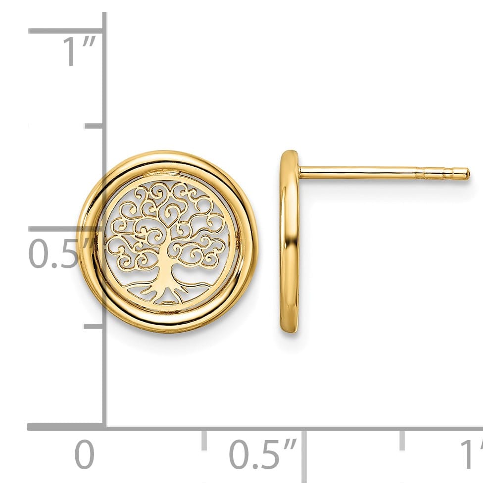 14K Yellow Gold Polished Filigree Tree of Life in Circle Post Earrings, view 4 of 4