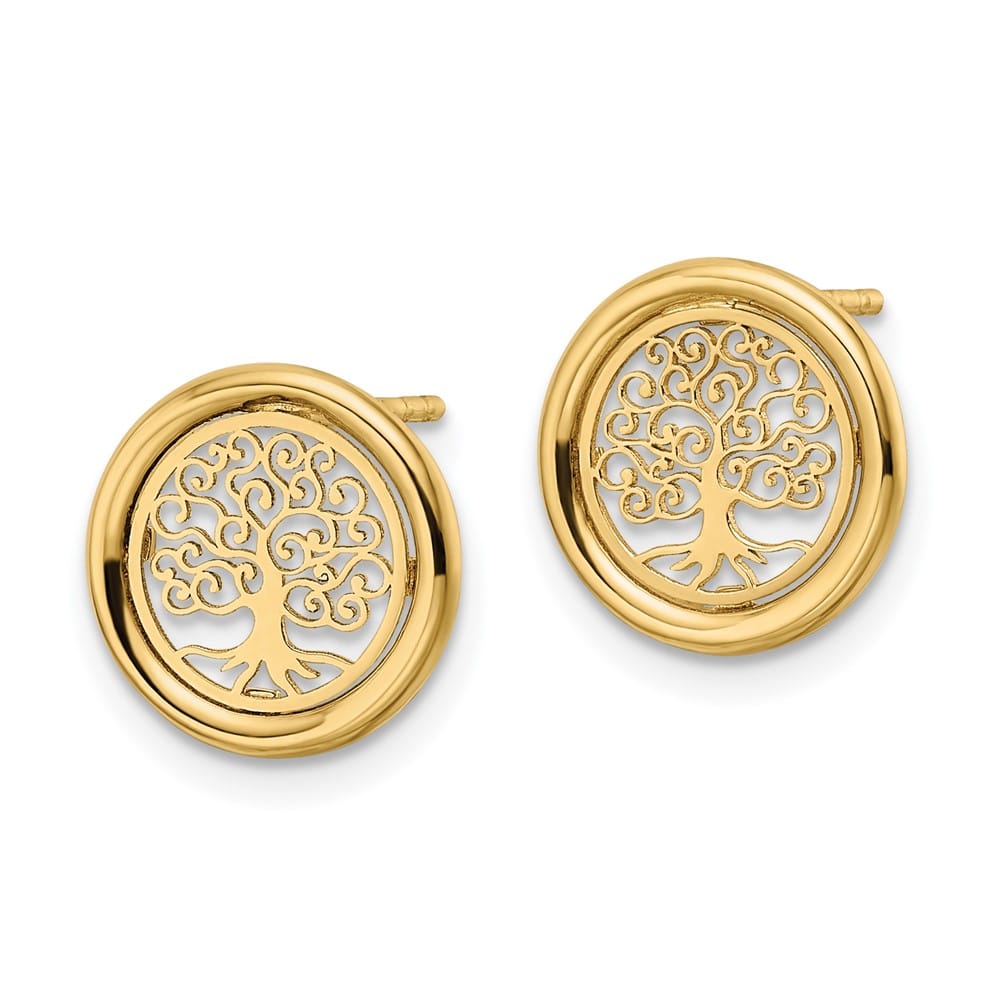 14K Yellow Gold Polished Filigree Tree of Life in Circle Post Earrings, view 2 of 4