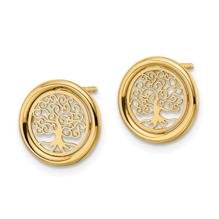 14K Yellow Gold Polished Filigree Tree of Life in Circle Post Earrings, view 2 of 4