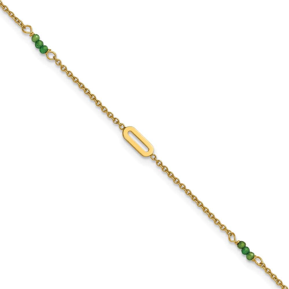 14K Yellow Gold Polished Green Zircon Beads and Ovals Anklet — solid 14K yellow gold, 9 inches long, 1 inch extension, 1.4 mm wide, lobster clasp, 2.10 g