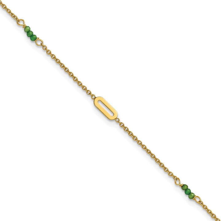 14K Yellow Gold Polished Green Zircon Beads and Ovals Anklet — solid 14K yellow gold, 9 inches long, 1 inch extension, 1.4 mm wide, lobster clasp, 2.10 g