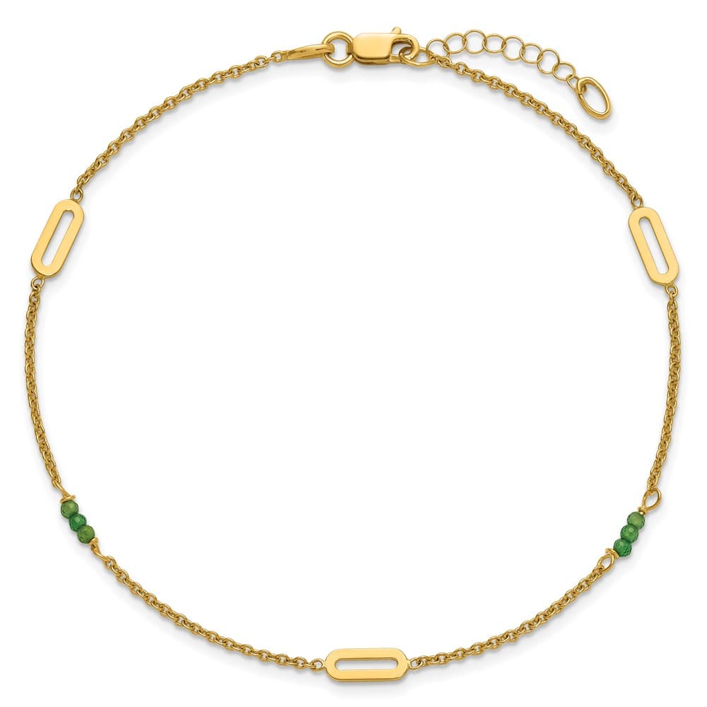 14K Yellow Gold Polished Green Zircon Beads and Ovals Anklet